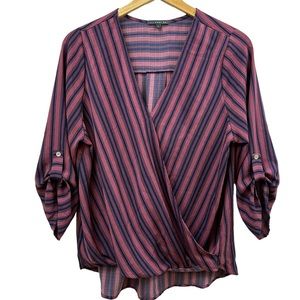 West Kei Pink Blue Stripe 3/4 Sleeve Blouse Top, Large